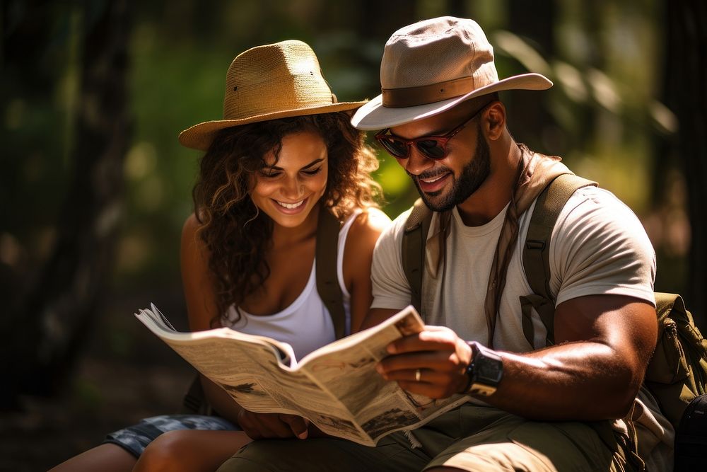 Mixed race couple reading map travel adult fun.