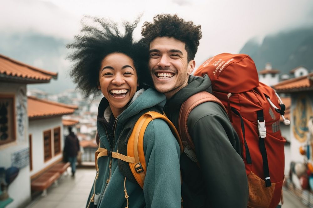 Mixed race friends travel china cheerful laughing backpack.