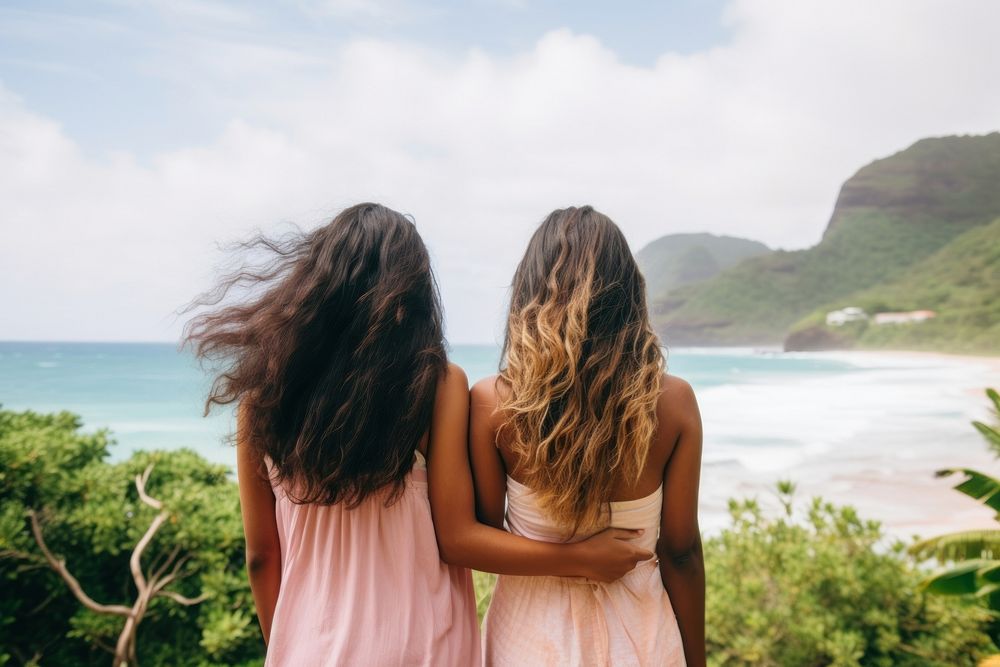 Mixed race friends travel hawaii vacation outdoors nature.