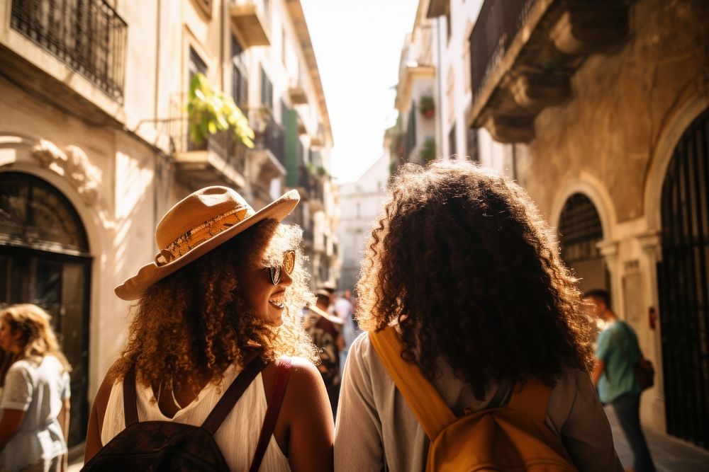 Mixed race friends travel italy street adult city.