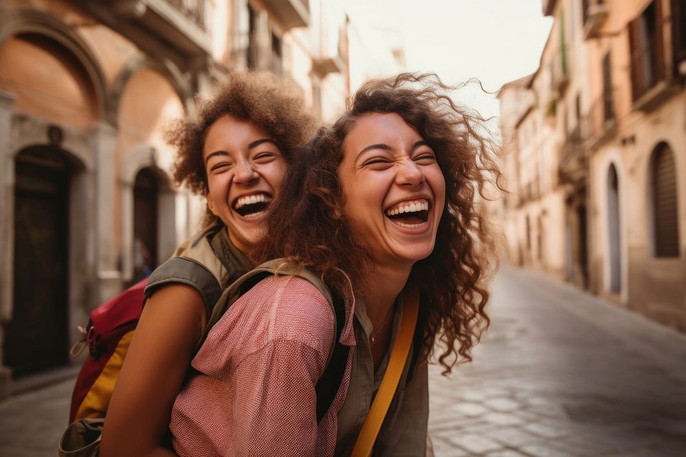 Mixed race friends travel italy cheerful laughing adult.