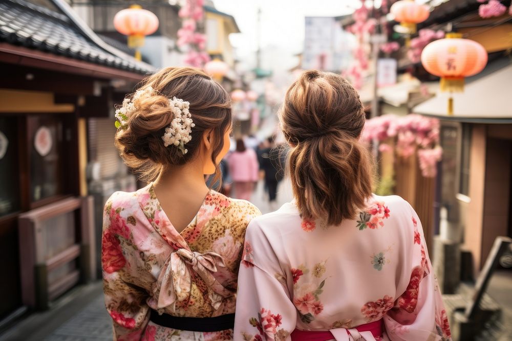 Mixed race friends travel japan fashion kimono adult.