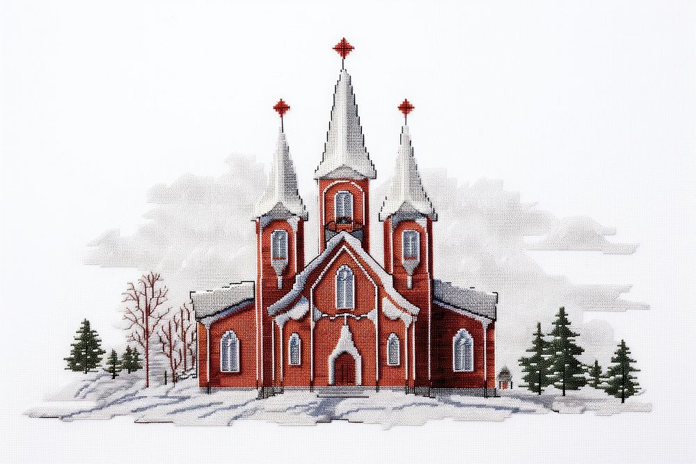 Church in embroidery style architecture building steeple.