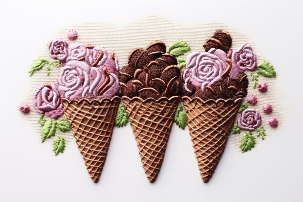 Ice cream chocolate in embroidery style dessert pattern food.