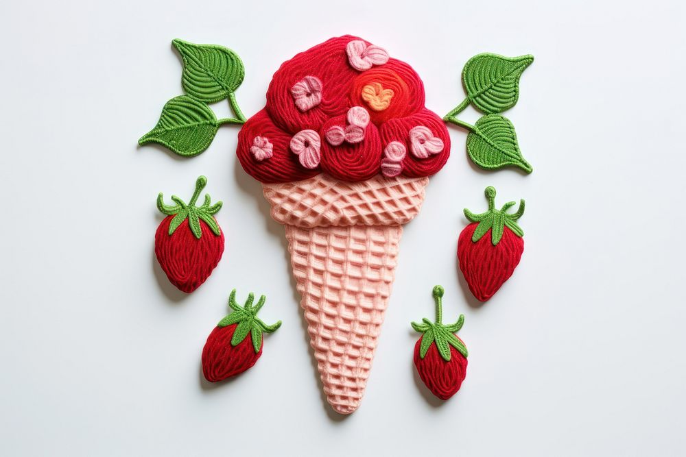 Ice cream strawberry in embroidery style dessert fruit plant.