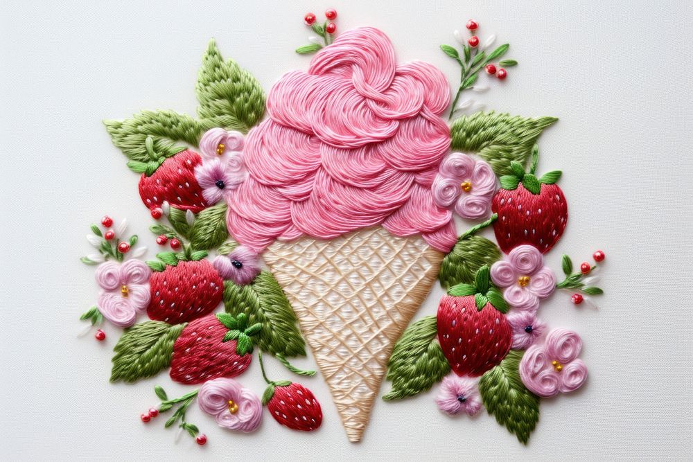 Ice cream strawberry in embroidery style dessert pattern food.