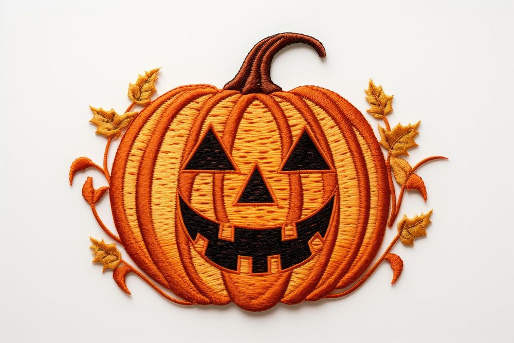 Jack o lantern in embroidery style halloween anthropomorphic jack-o'-lantern.