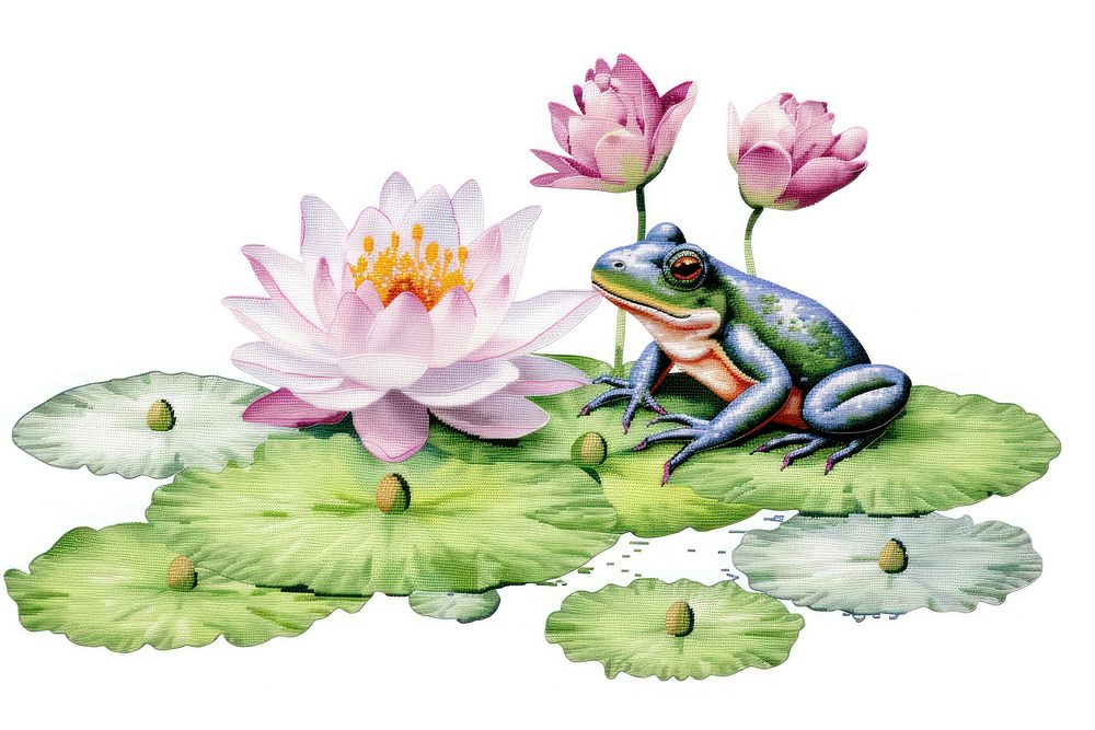 Lotus and frog in embroidery style amphibian wildlife flower.