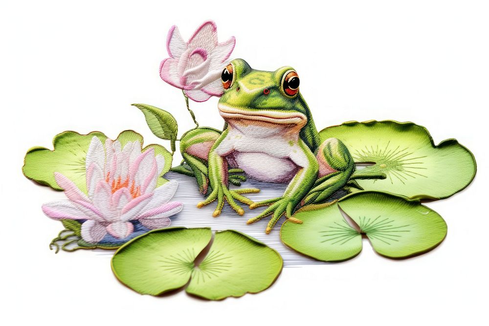 Lotus and frog in embroidery style amphibian flower animal.