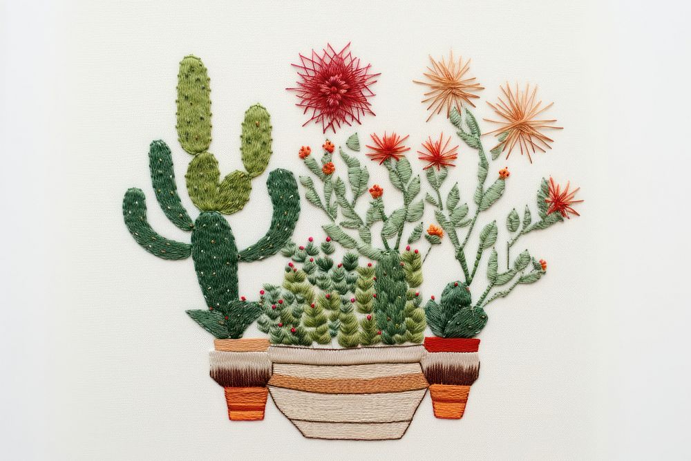 Potted plant in embroidery style cactus creativity needlework.