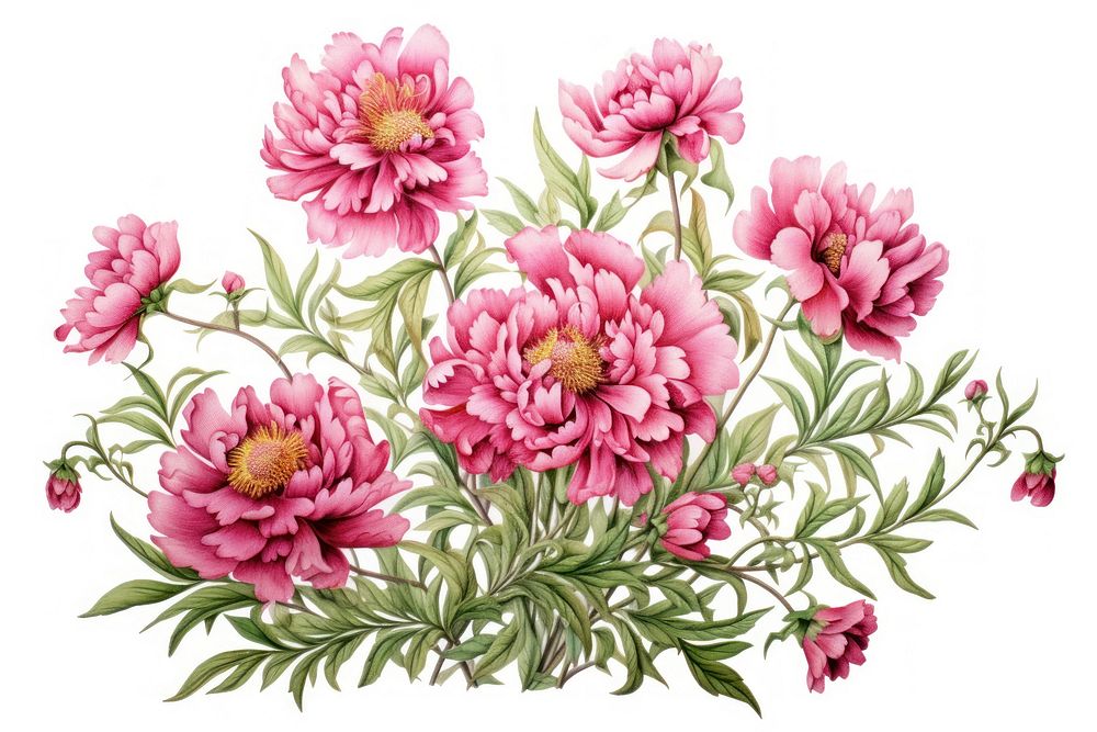 Peony meadow in embroidery style flower dahlia plant.