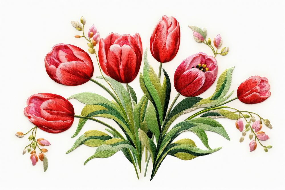 Tulip bouquet in embroidery style flower plant inflorescence.