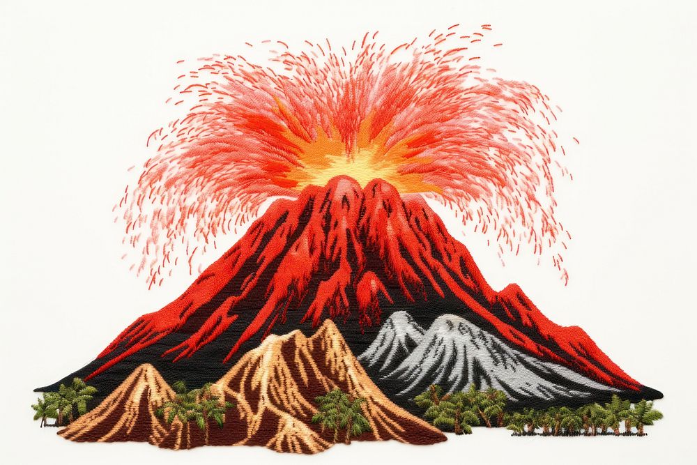 Volcanic eruption in embroidery style mountain outdoors volcano.