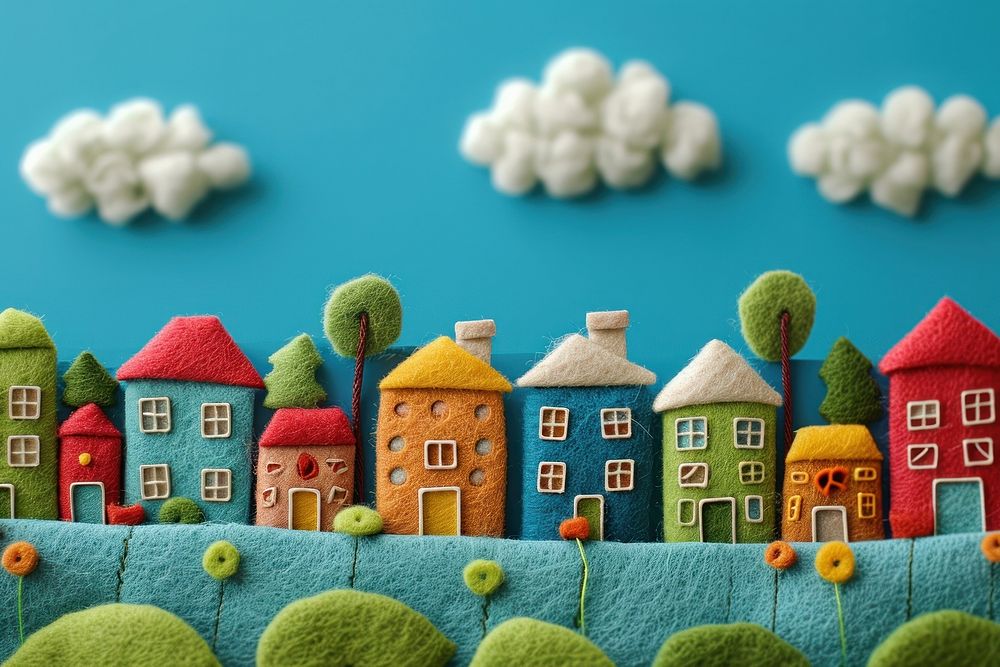Town with blue sky art textile toy.