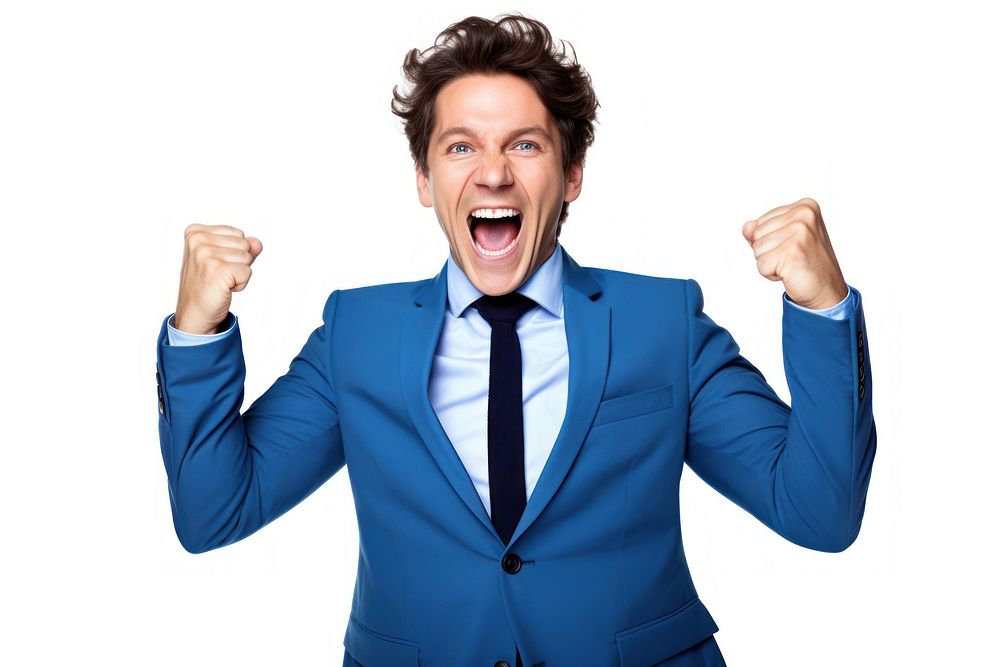Very happy businessman shouting adult white background.