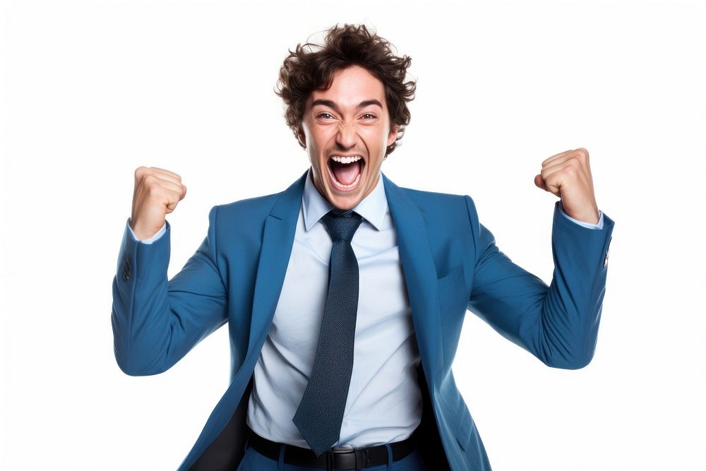Very happy young businessman shouting laughing adult.