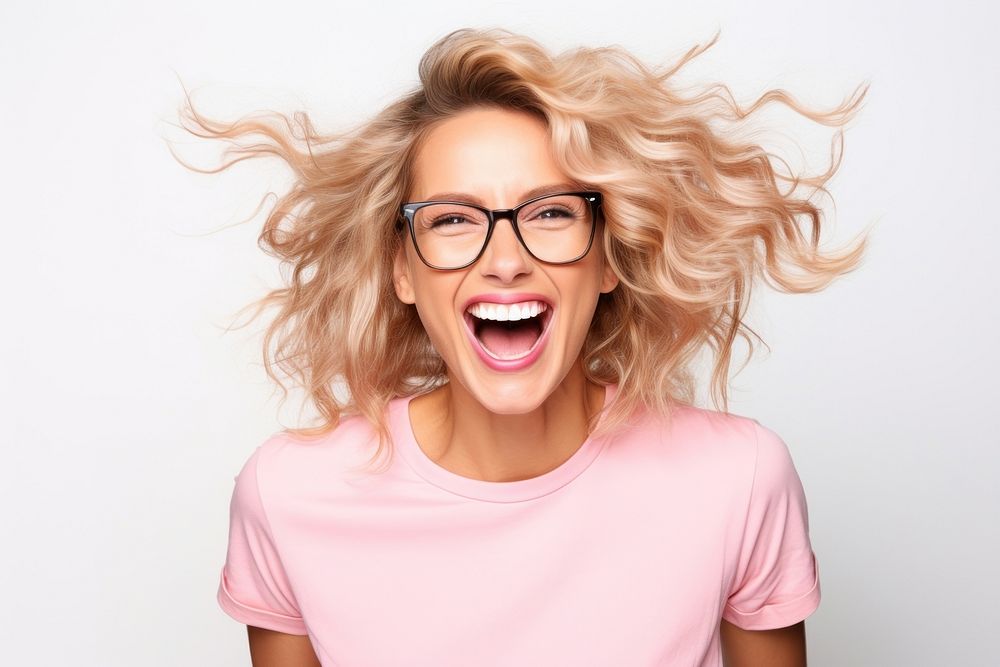 Very happy young woman glasses laughing adult.