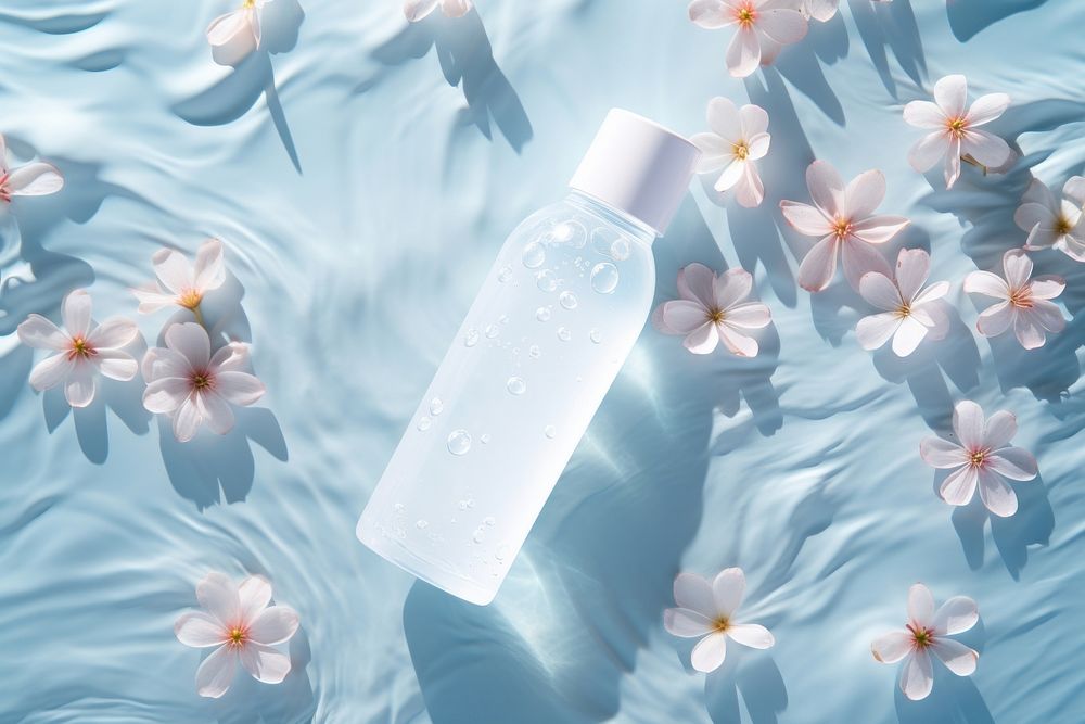 White skincare bottle on water floor pattern nature flower plant.