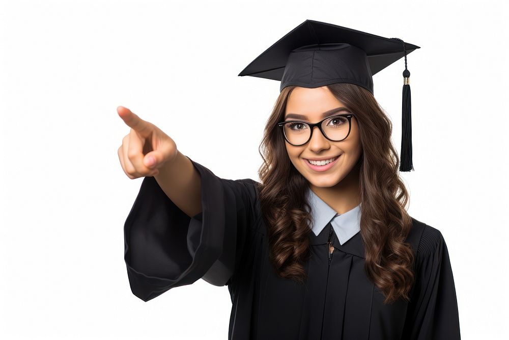 Woman student graduation pointing white background.