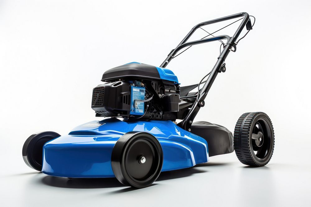 A blue and black modern lawn mower plant grass white background.