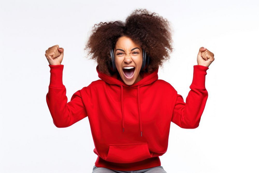 Happy Young black woman sweatshirt shouting sweater.