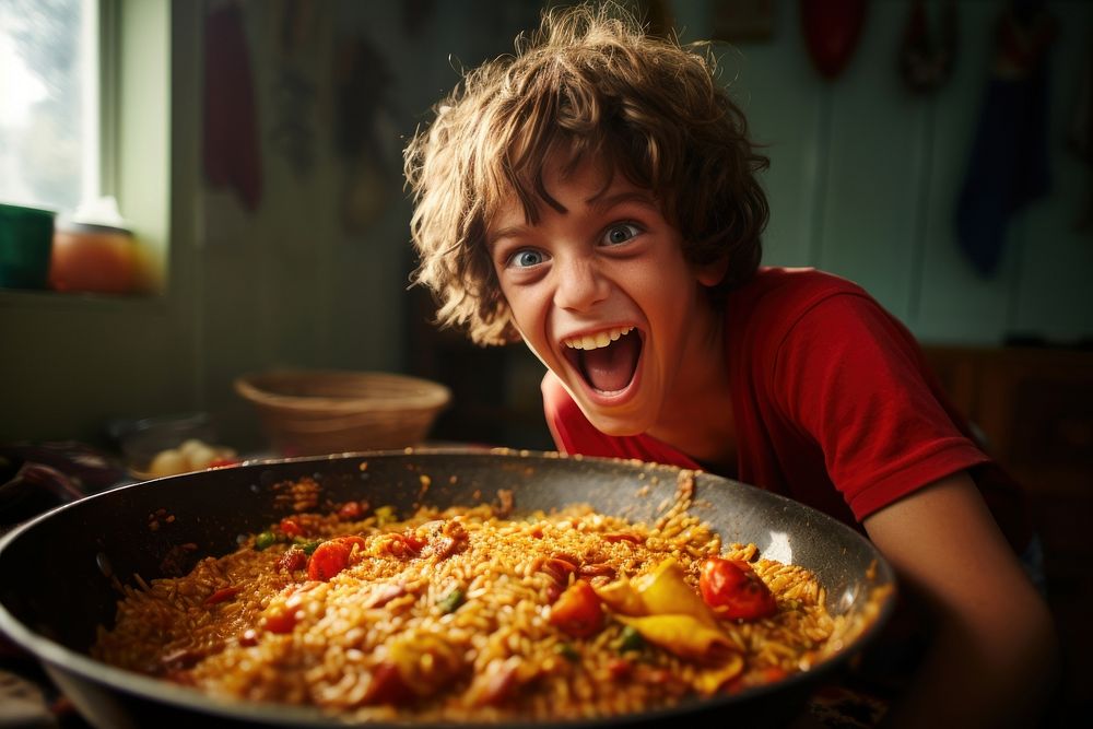 Spanish boy eating paella child food vegetable.