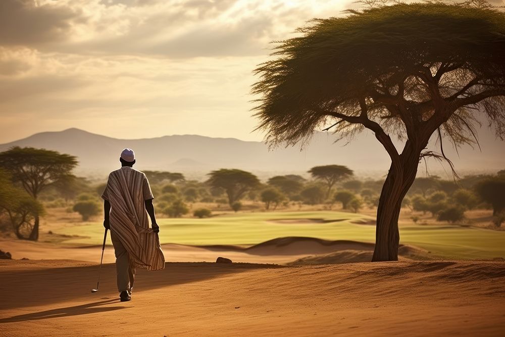 African man study golf course outdoors walking nature.