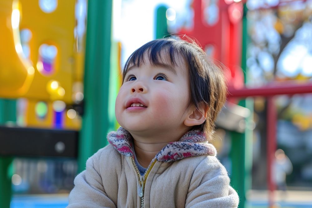 Asian toddler playground portrait cheerful.