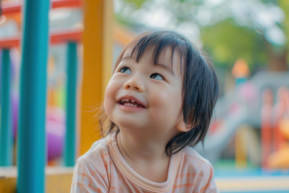 Asian toddler playground cheerful portrait.