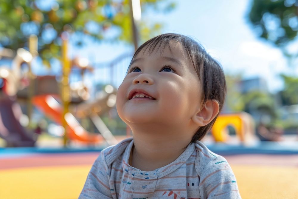 Asian toddler playground portrait cheerful.