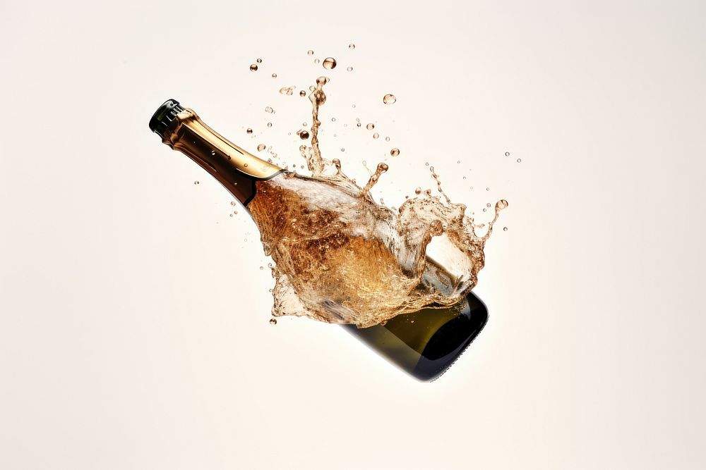 Champange bottle with splash glass drink wine.
