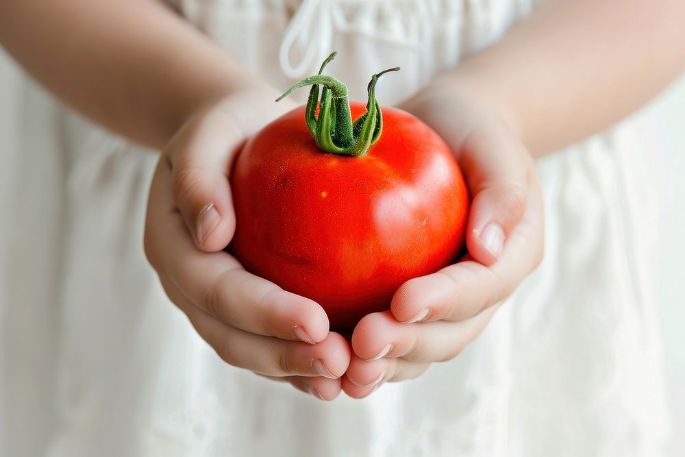 Child is holding a ripe red tomato vegetable plant food.