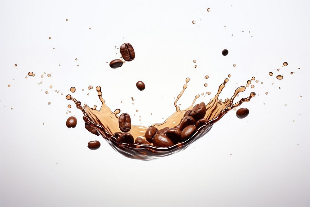 Coffee bean with splash falling refreshment splattered.