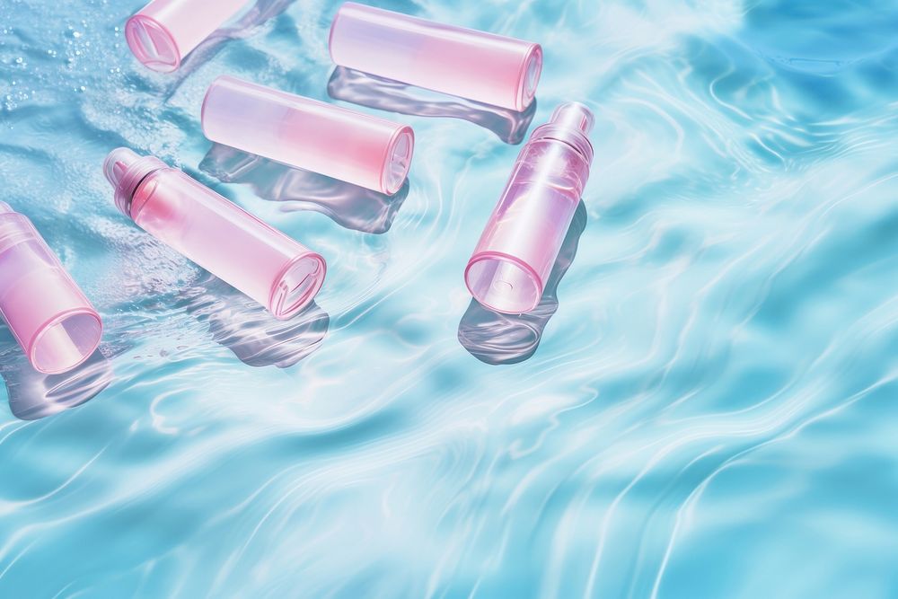 Cosmetics on water floor pattern outdoors floating lipstick.