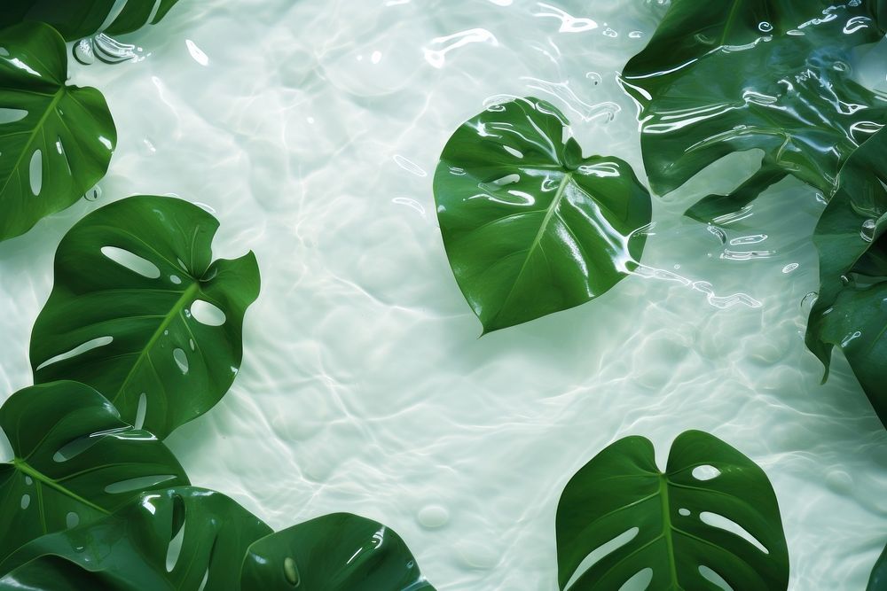 Green tropical leaves on water floor pattern green backgrounds plant.
