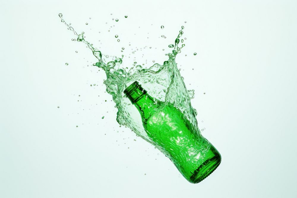 Green bottle with splash drink beer white background.