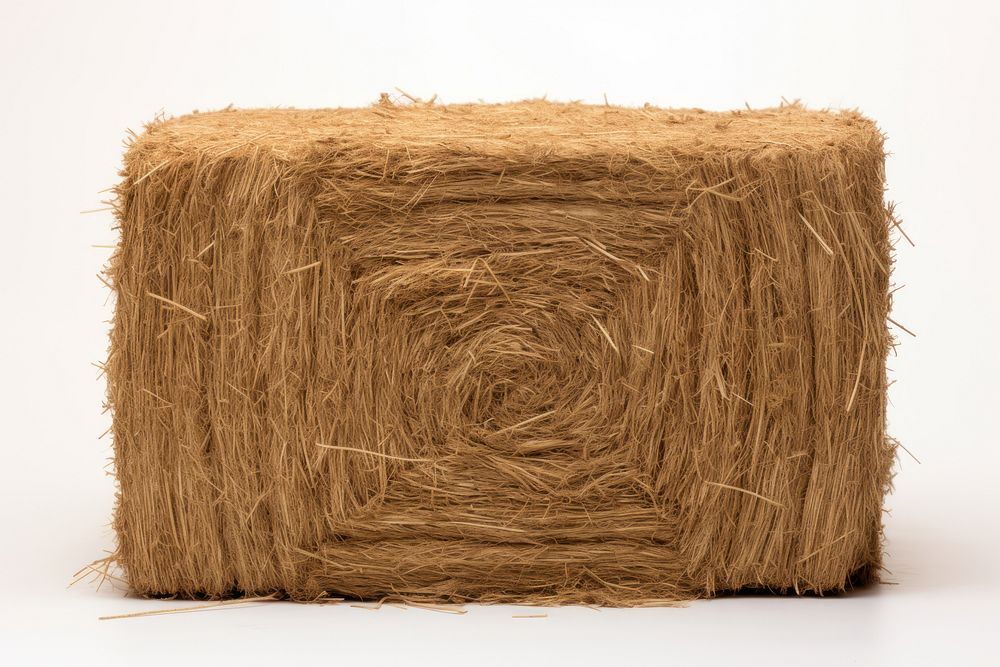 Hay bale flat lay straw white background agriculture.