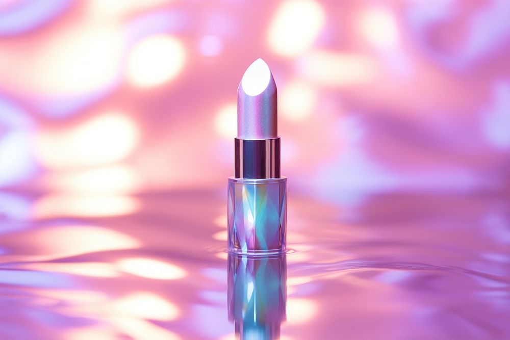 Holographic lipstick on water floor pattern cosmetics glamour purple.