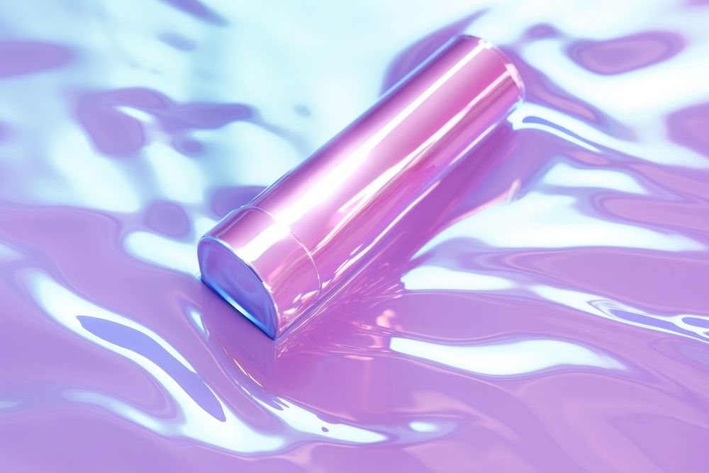 Holographic lipstick on water floor pattern aluminium cosmetics lavender.