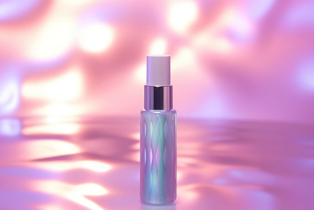 Holographic serum bottle on water pattern cosmetics perfume lipstick.
