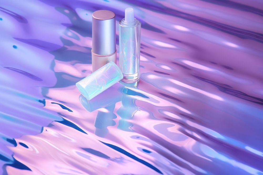 Holographic skincare on water floor pattern cosmetics lipstick purple.