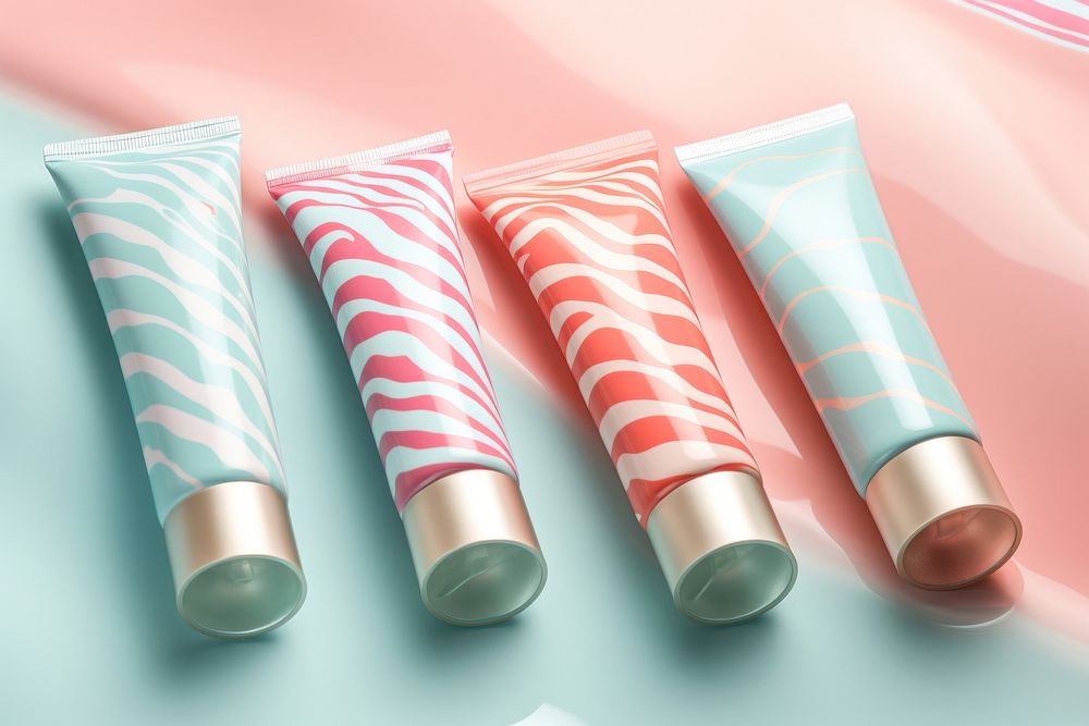 Lotion tube cosmetics on water pattern toothpaste lipstick ribbon.