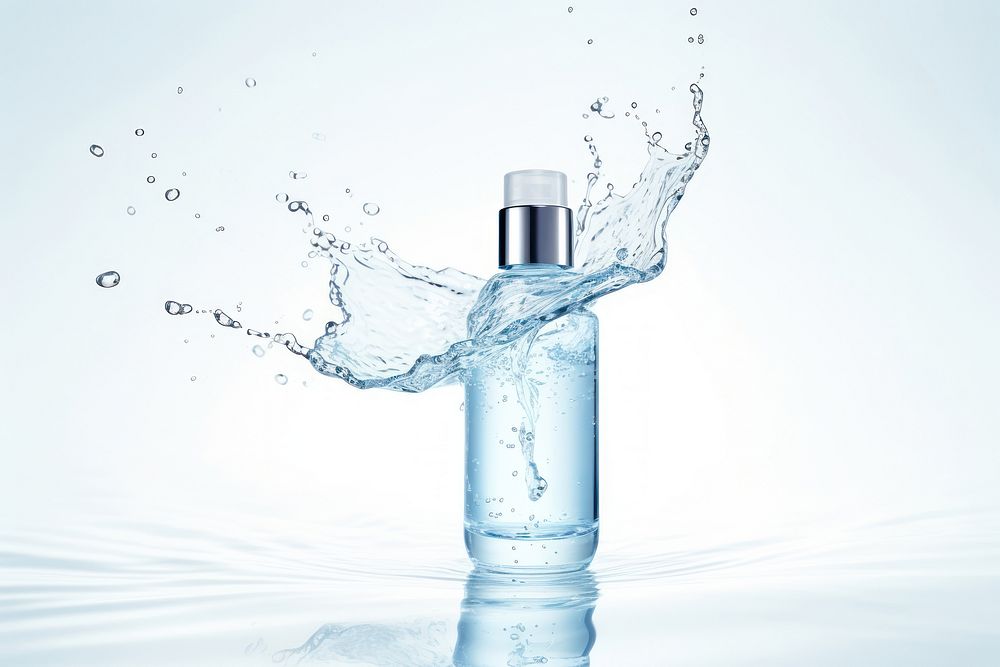 Minimal blue Skincare bottle with splash falling splashing motion.