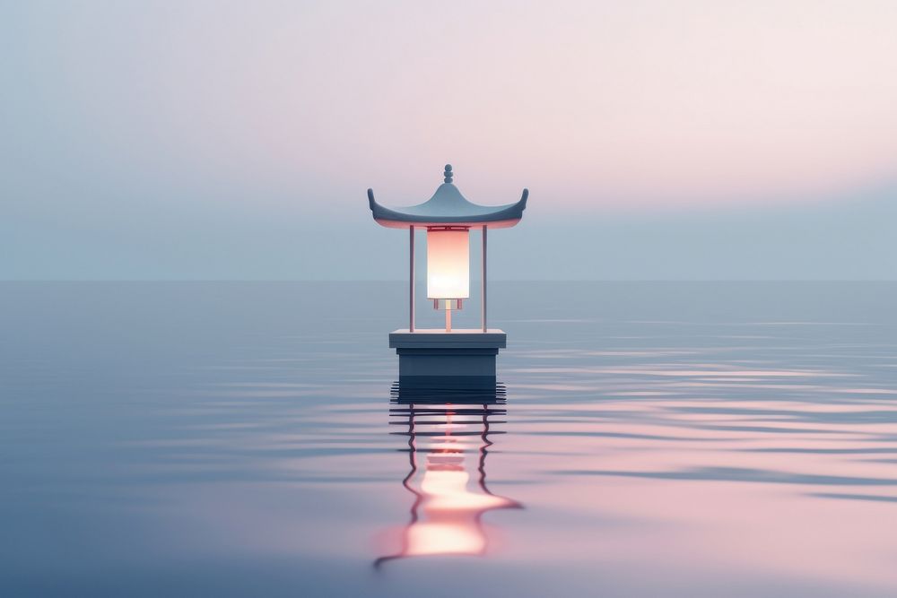 Minimal Chinese lamp on water outdoors horizon lantern.
