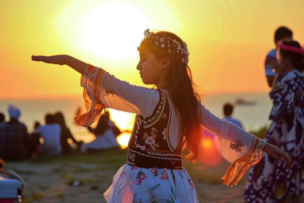 Middle Eastern girl dancing sunset summer sports.