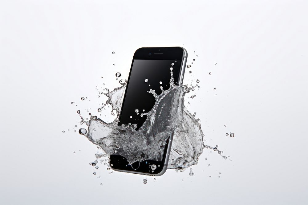 Mobile phone with splash white background electronics accessories.