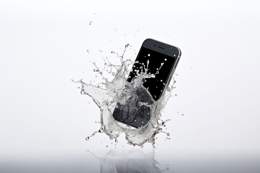 Mobile phone with splash white background electronics technology.