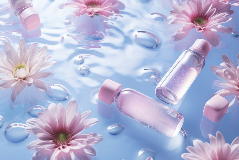 Perfume cosmetics on water pattern bottle flower petal.