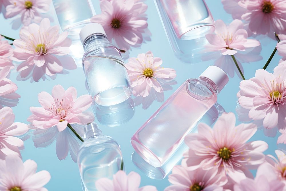 Perfume cosmetics on water pattern bottle flower petal.