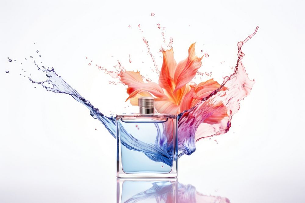 Perfume with splash cosmetics falling bottle.
